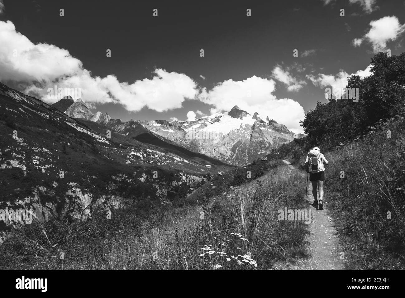 Uomo anziano che fa trekking sulle Alpi francesi in estate con zaino solare. L'Aiguille des Glaciers, montagna nel massiccio del Monte Bianco. Savoia, Francia. Bianco nero Foto Stock