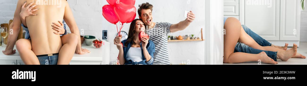 collage di coppia che fa l'amore sul pavimento, uomo felice e donna che prende selfie sul giorno di valentines Foto Stock