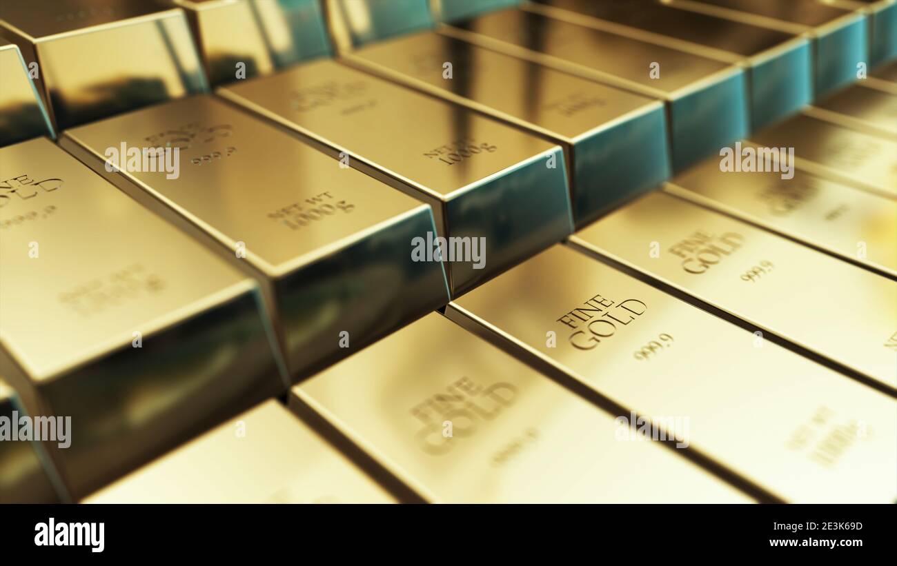 Lingotti d'oro realistici, barre di sfondo astratto per il rendering 3d finanziario Foto Stock