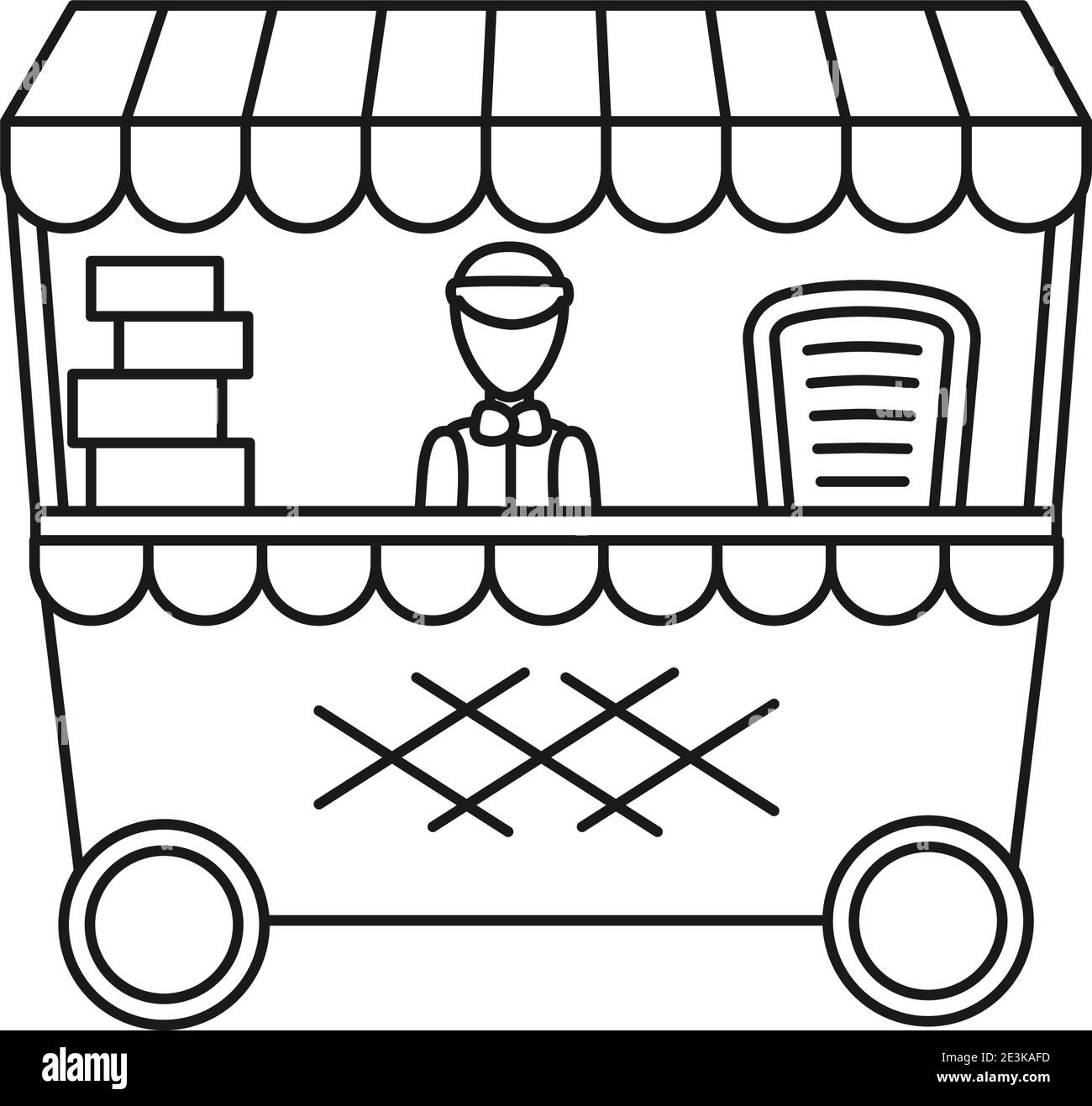 Line art cart per alimenti in bianco e nero. Negozio di articoli da regalo con scatole e un dipendente. Illustrazione vettoriale per poster, sito, carta regalo o libro da colorare decoratio Illustrazione Vettoriale