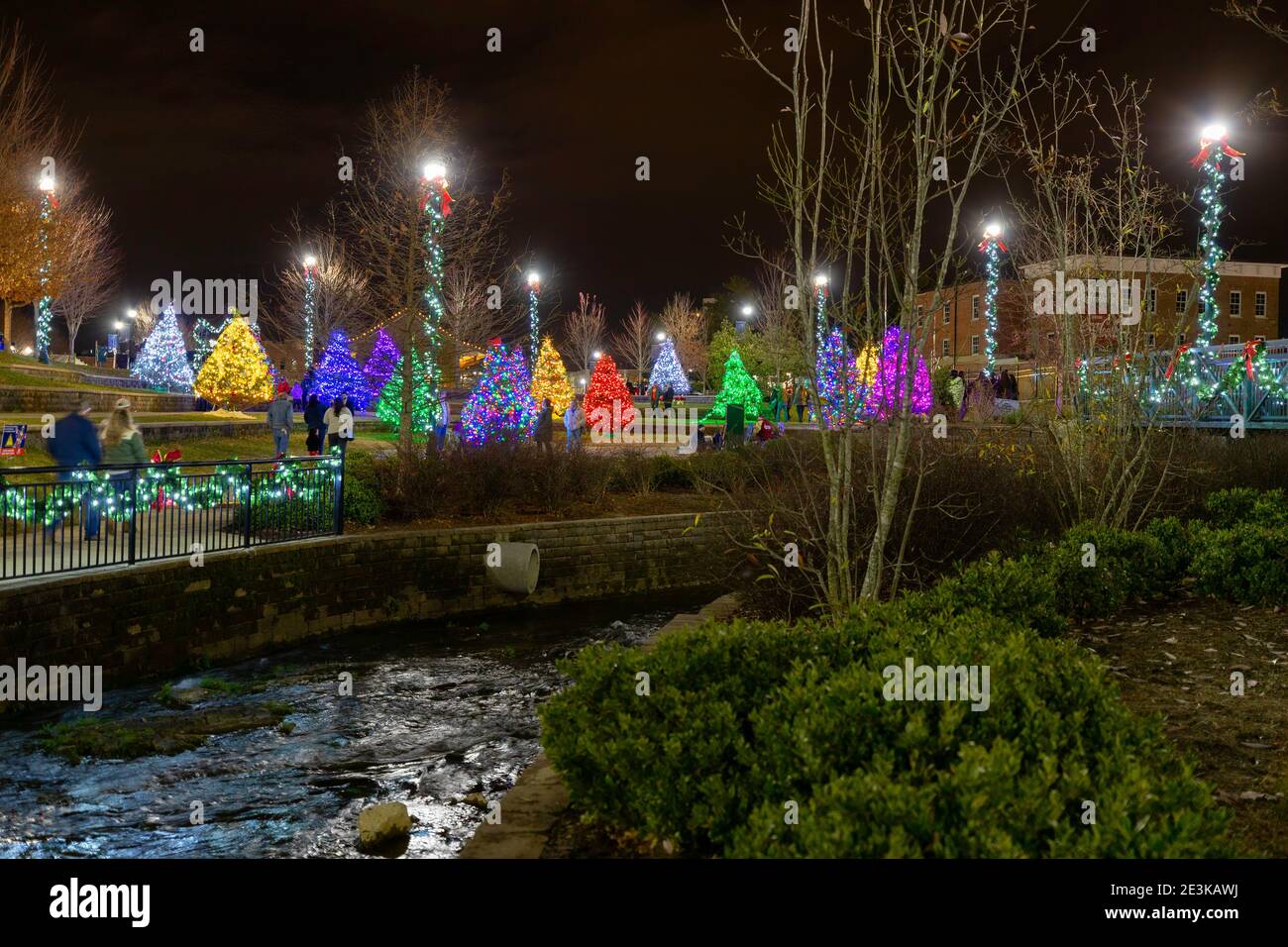 Johnson City, Tennessee, USA - 20 dicembre 2020: Alberi di Natale e luci di notte nel Founders Day Park. Foto Stock