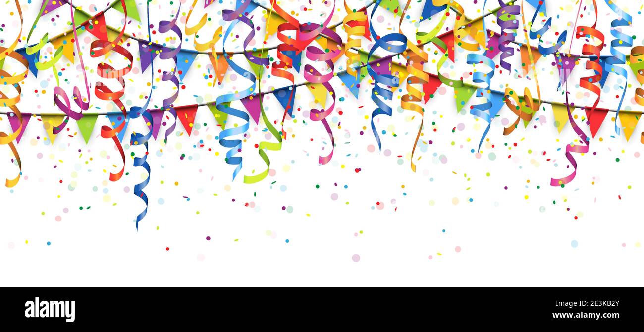 Illustrazione vettoriale di seamless coriandoli colorati, ghirlande e streamers su sfondo bianco per party o utilizzo di carnevale Illustrazione Vettoriale