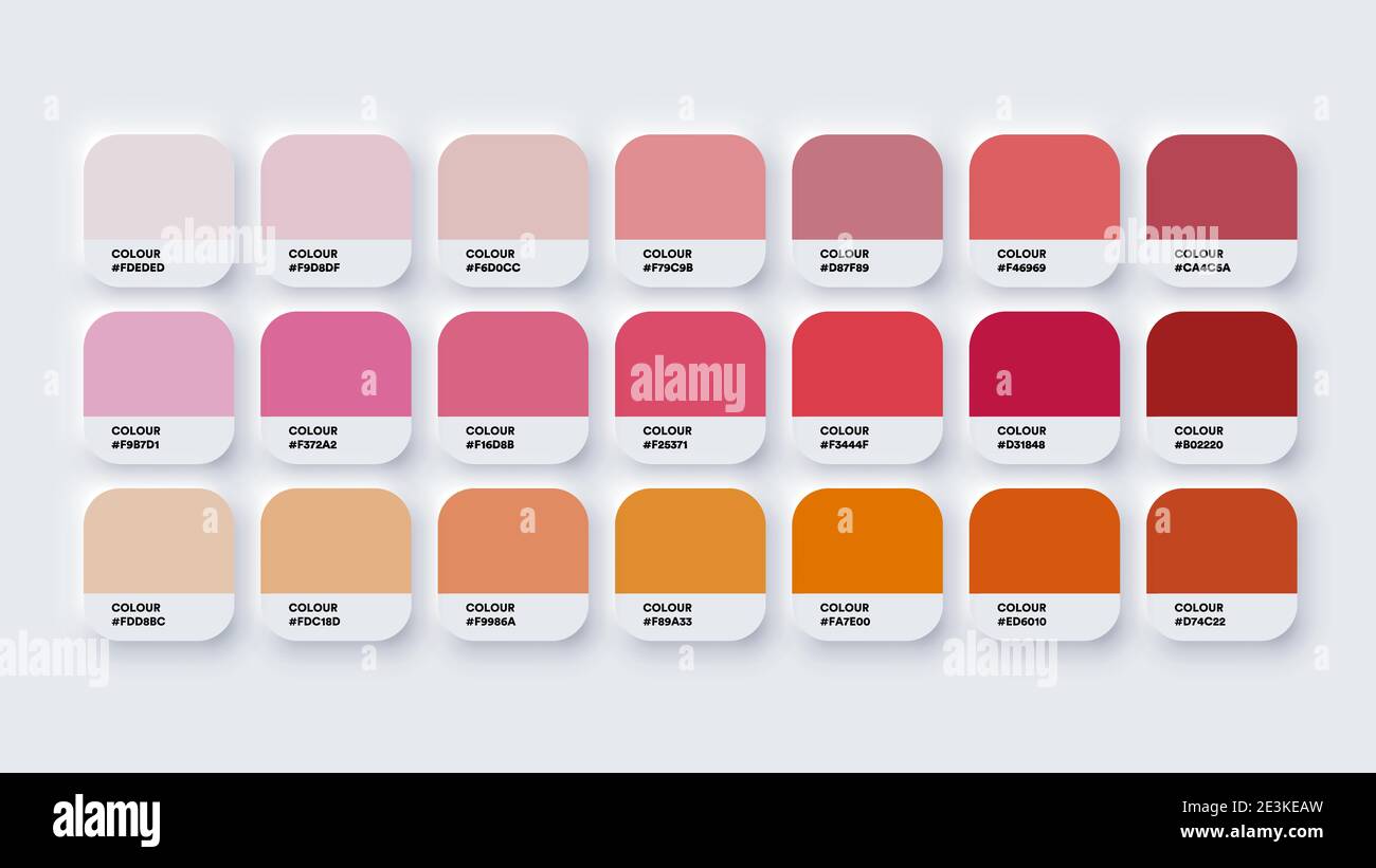 Il catalogo tavolozza colori campiona il rosso e l'arancione in RGB ESADECIMALE. Vettore neomorfismo Illustrazione Vettoriale