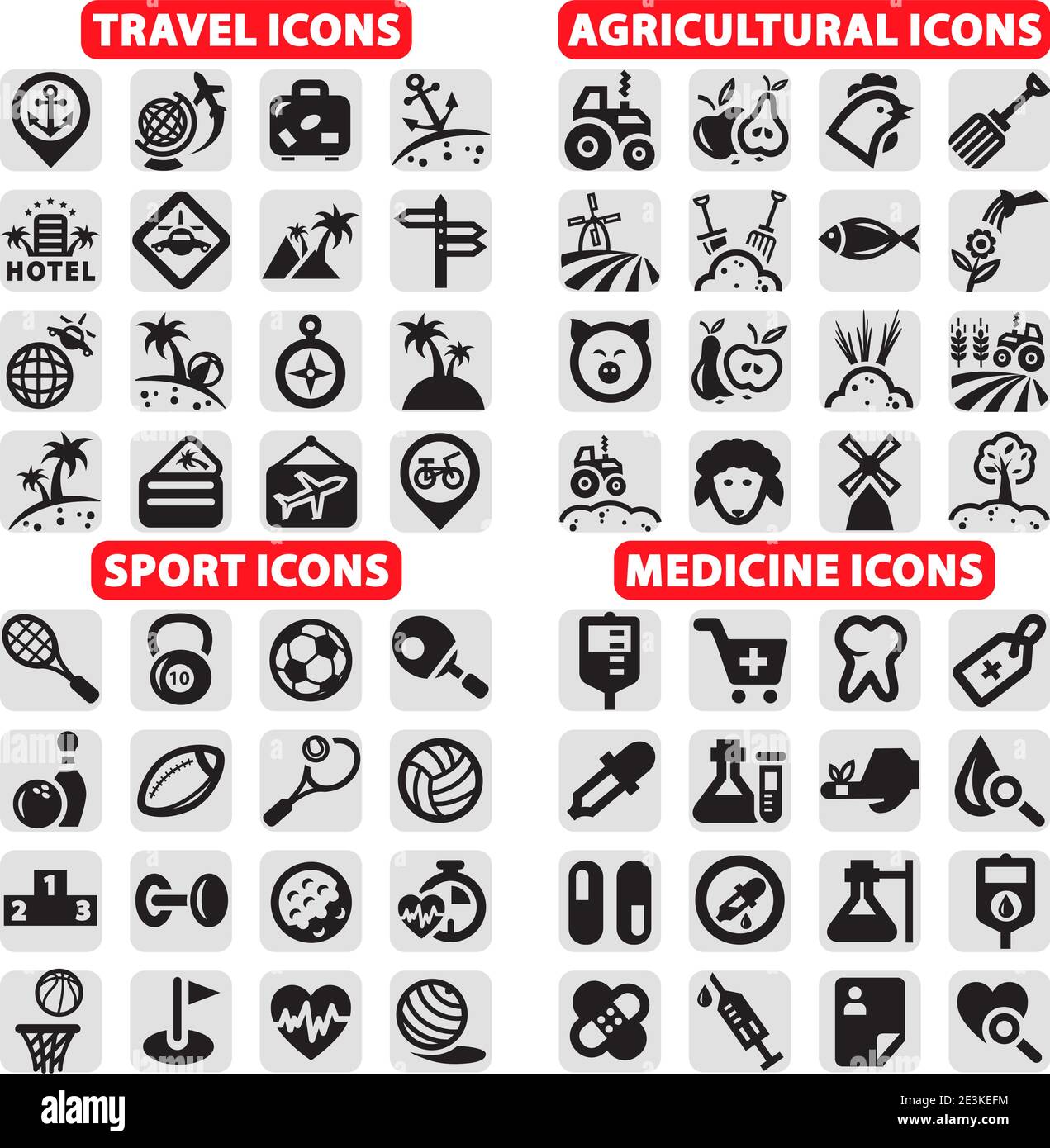 Elegante Vector Travel, Sports, Agriculture and Medicine Icons Set. Illustrazione Vettoriale