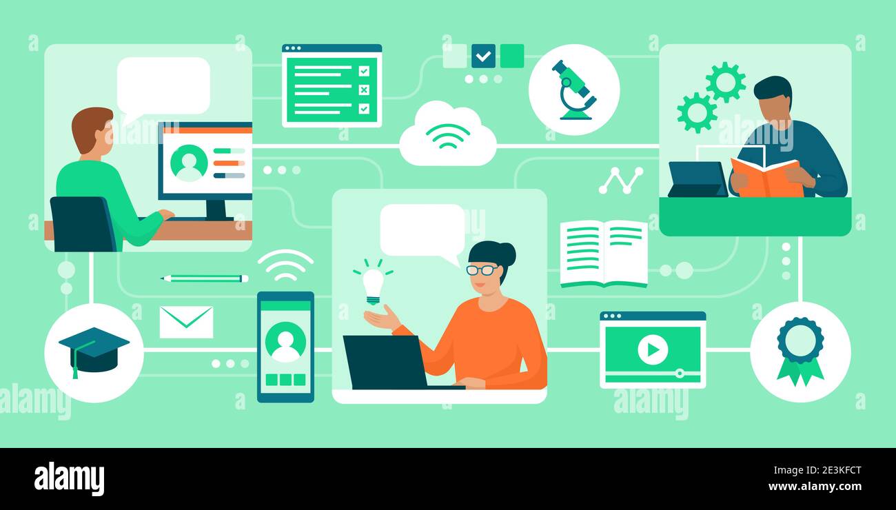 Formazione a distanza, piattaforme di e-learning e persone che partecipano a corsi online Illustrazione Vettoriale