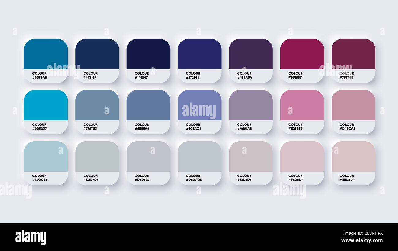 Il catalogo tavolozza colori campiona blu e viola in RGB ESADECIMALE. Vettore neomorfismo Illustrazione Vettoriale