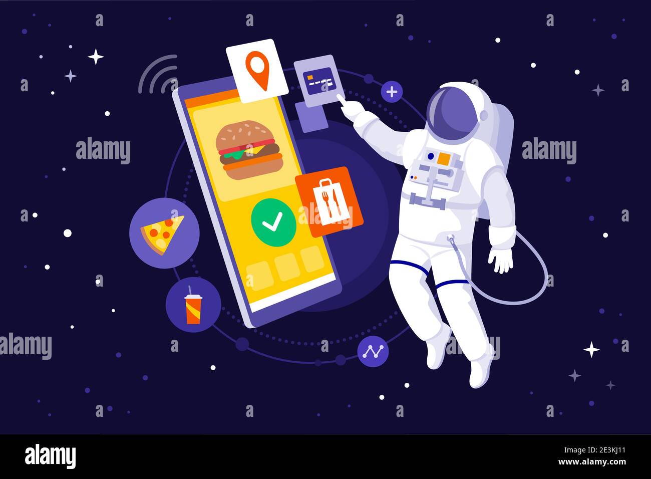 Astronauta galleggiando nello spazio e ordinando fast food utilizzando un smartphone di grandi dimensioni Illustrazione Vettoriale