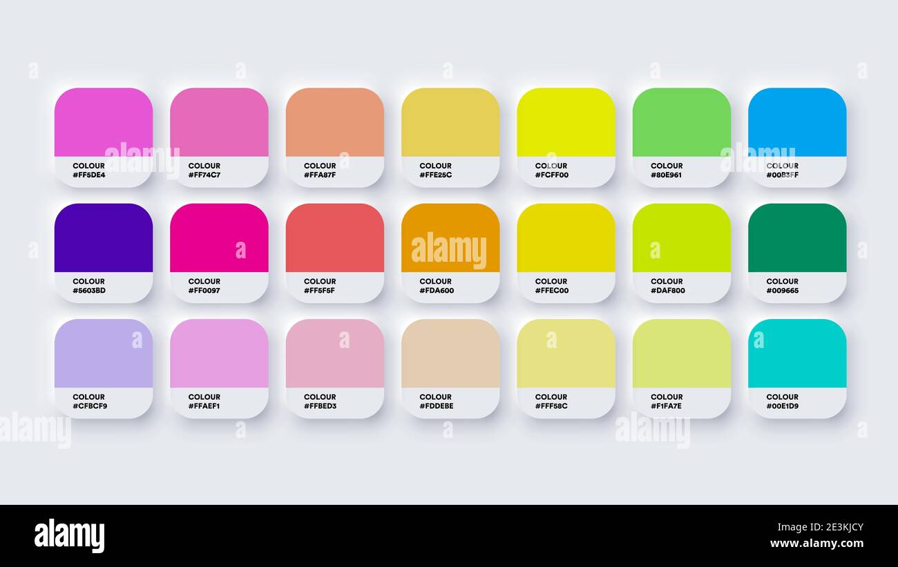 Il catalogo tavolozza colori campiona pastello e neon in RGB HEX. Vettore neomorfismo Illustrazione Vettoriale