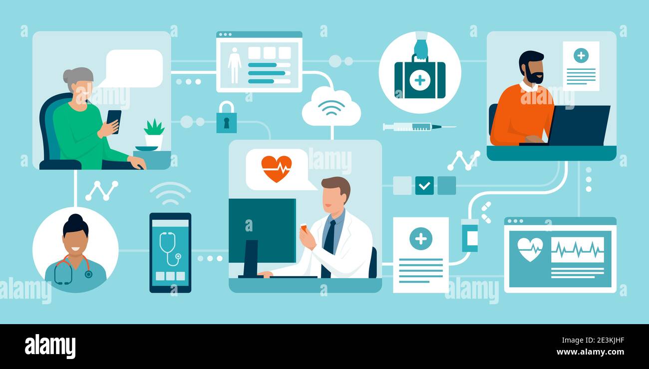 I pazienti che si connettono online con il loro medico, sta dando consulenza medica e farmaci da prescrizione, concetto di telemedicina Illustrazione Vettoriale