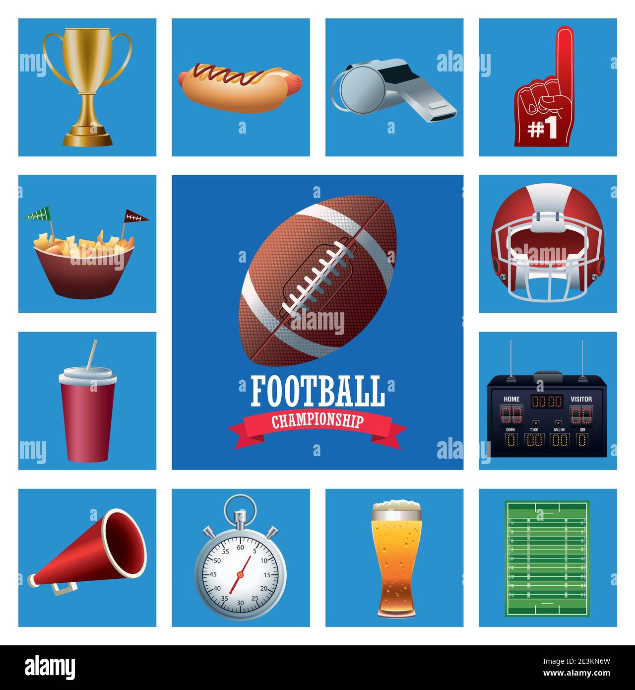 super bowl american football sport scritta con palla e set icone disegno di illustrazione vettoriale Illustrazione Vettoriale