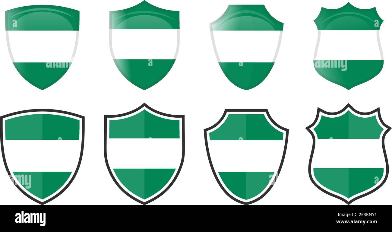 Bandiera nigeriana verticale a forma di scudo, quattro versioni 3d e semplici. Icona / segno nigeriano Illustrazione Vettoriale