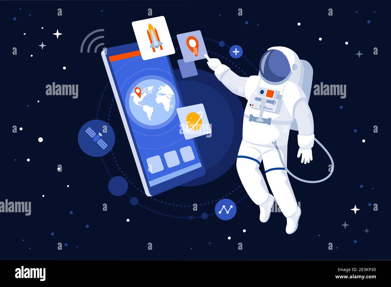 Astronauta che galleggia nello spazio esterno e utilizza la navigazione GPS attiva il suo smartphone Illustrazione Vettoriale