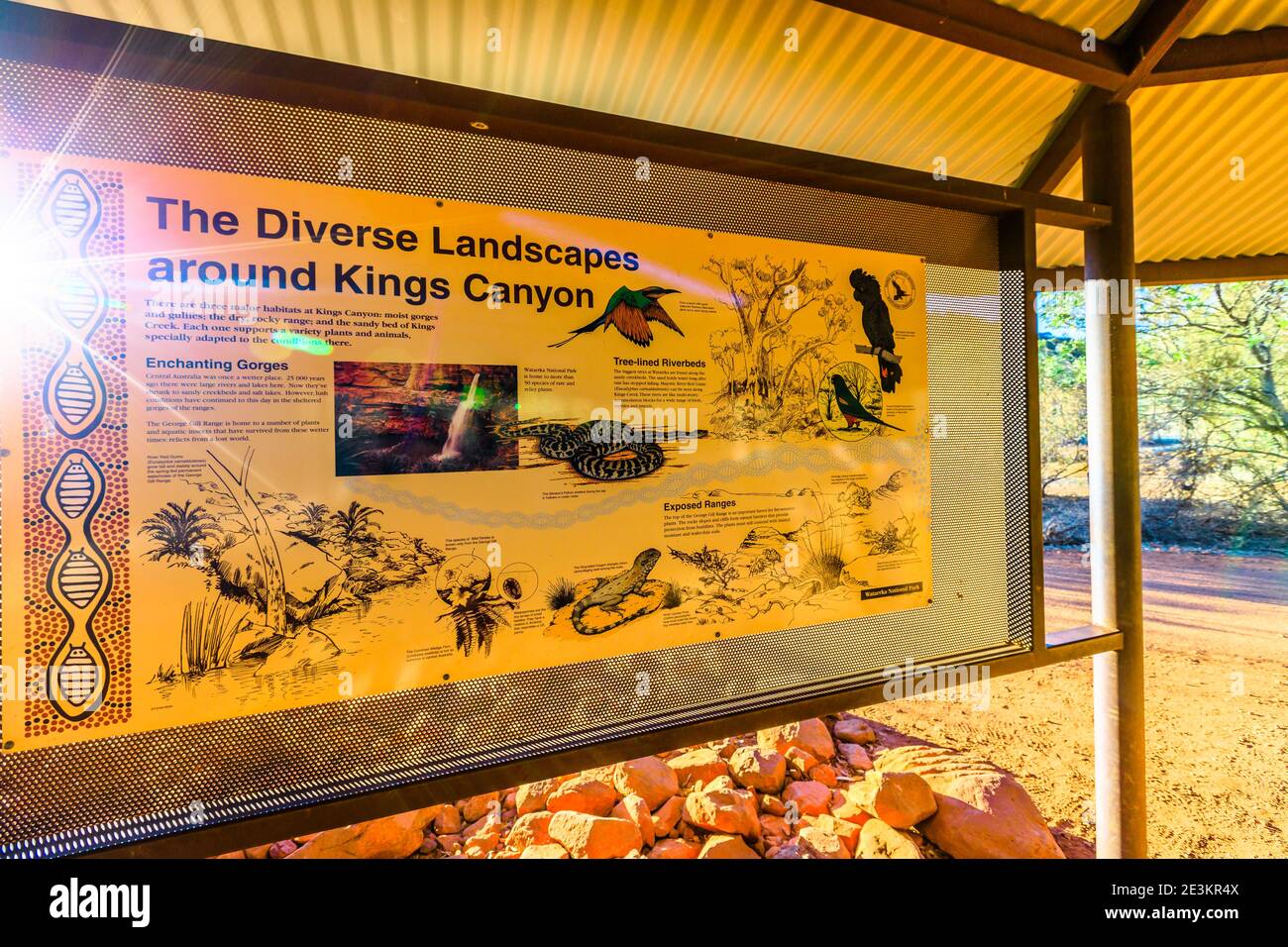 Kings Canyon, Northern Territory, Australia - 21 agosto 2019: Informazioni interpretative sui segni della fauna e della flora del Parco Nazionale di Watarrka, Outback Red Foto Stock