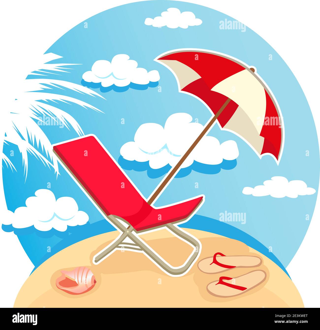 Illustrazione vettoriale di ombrellone, infradito e sedia sulla spiaggia tropicale estiva. Illustrazione Vettoriale