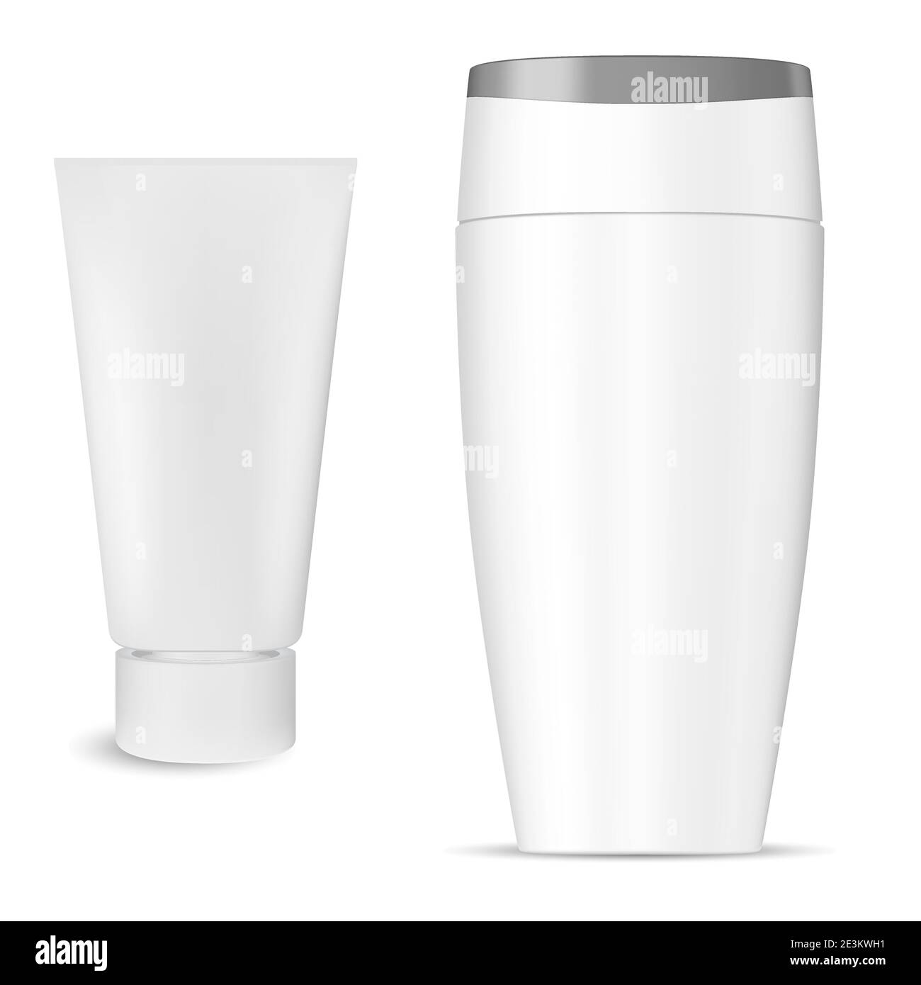 Confezione cosmetica in flacone di shampoo, prodotto in tubo di crema, vettore 3d isolato. Confezione di shampoo bianco in plastica per capelli mockup. Contenitore per lozione liquida con urea Illustrazione Vettoriale