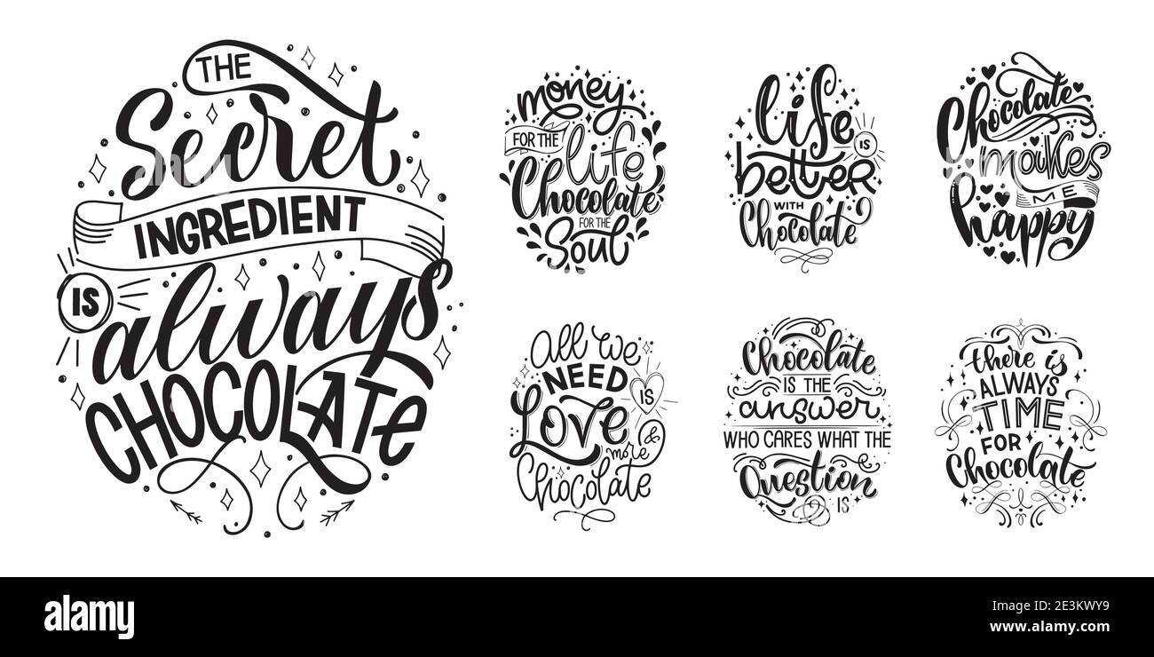 Set di citazioni scritte a mano al cioccolato. Composizione calda della parola invernale. Elementi vettoriali per t-shirt, borse, poster, carte, adesivi e menu Illustrazione Vettoriale