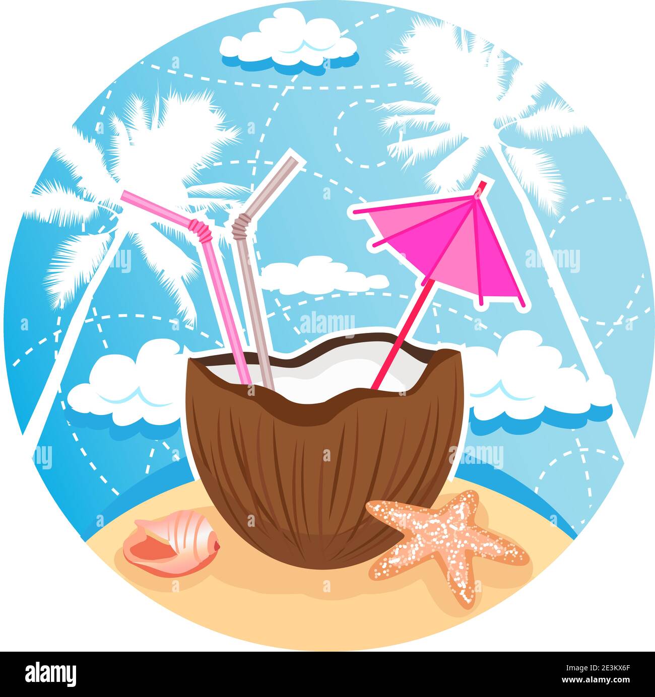 Illustrazione vettoriale del cocktail di cocco sulla spiaggia tropicale. Separare i livelli. Illustrazione Vettoriale
