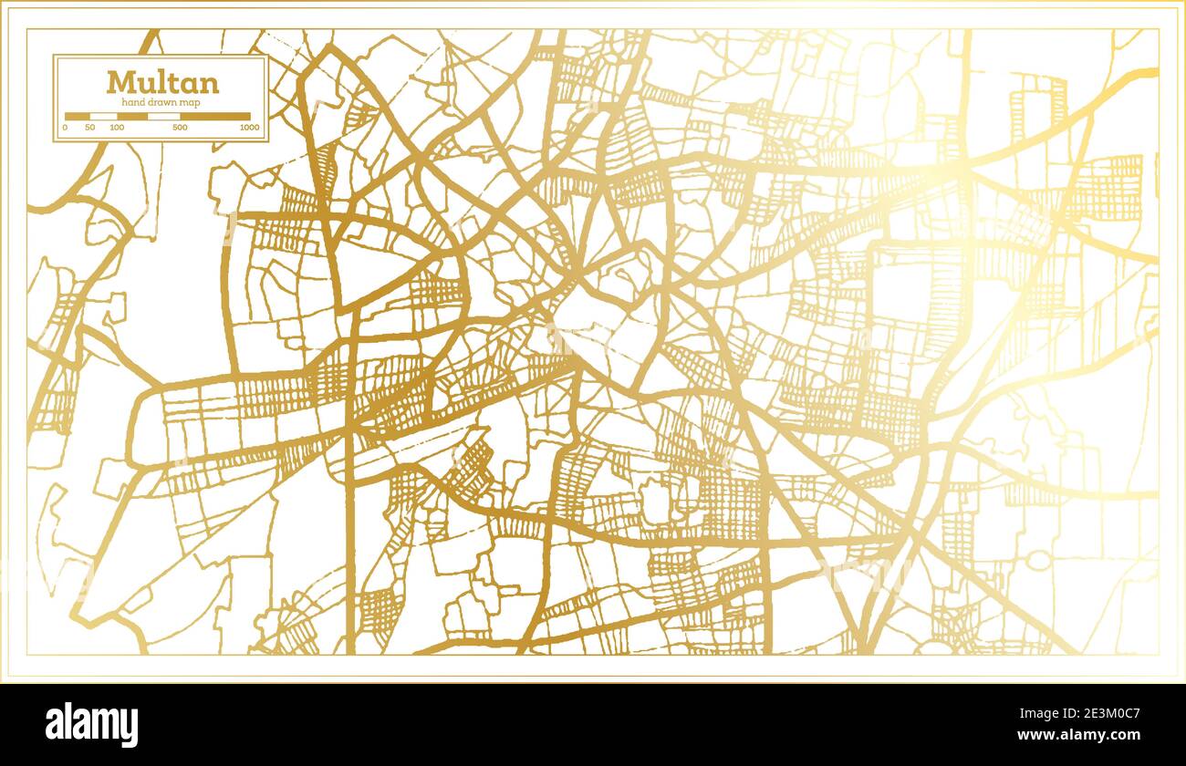Mappa della città di Multan Pakistan in stile retro in colore dorato. Mappa di contorno. Illustrazione vettoriale. Illustrazione Vettoriale