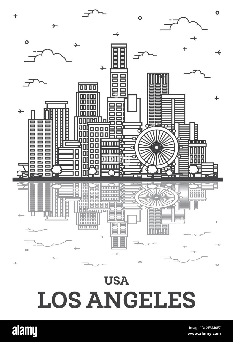 Profilo Los Angeles California USA City Skyline con edifici moderni e riflessi isolati su bianco. Illustrazione vettoriale. Paesaggio urbano di Los Angeles Illustrazione Vettoriale