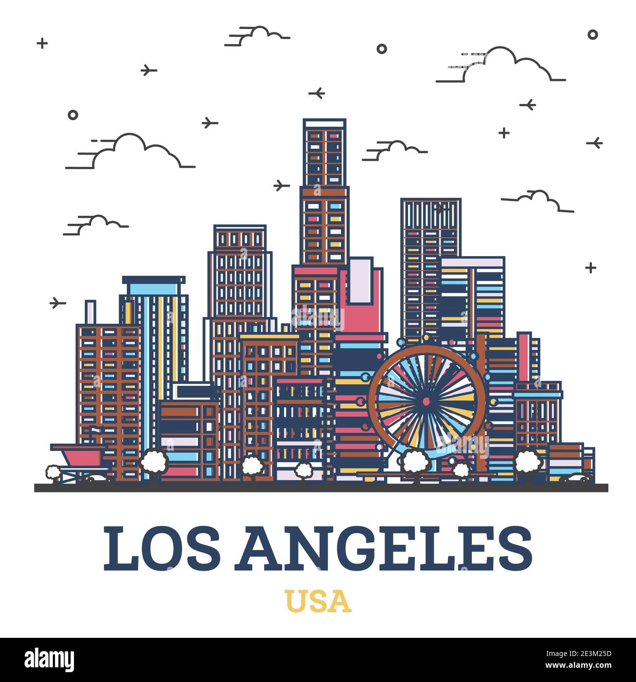 Profilo Los Angeles California City Skyline con colorati edifici moderni isolati su bianco. Illustrazione vettoriale. Los Angeles con monumenti storici Illustrazione Vettoriale