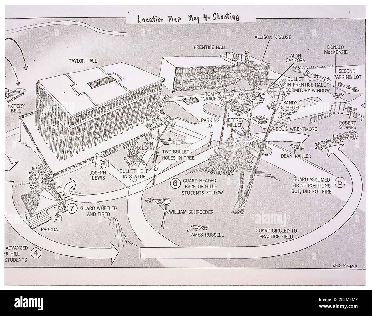 Mappa dei tiri alla Kent state University nel 1970. Foto Stock