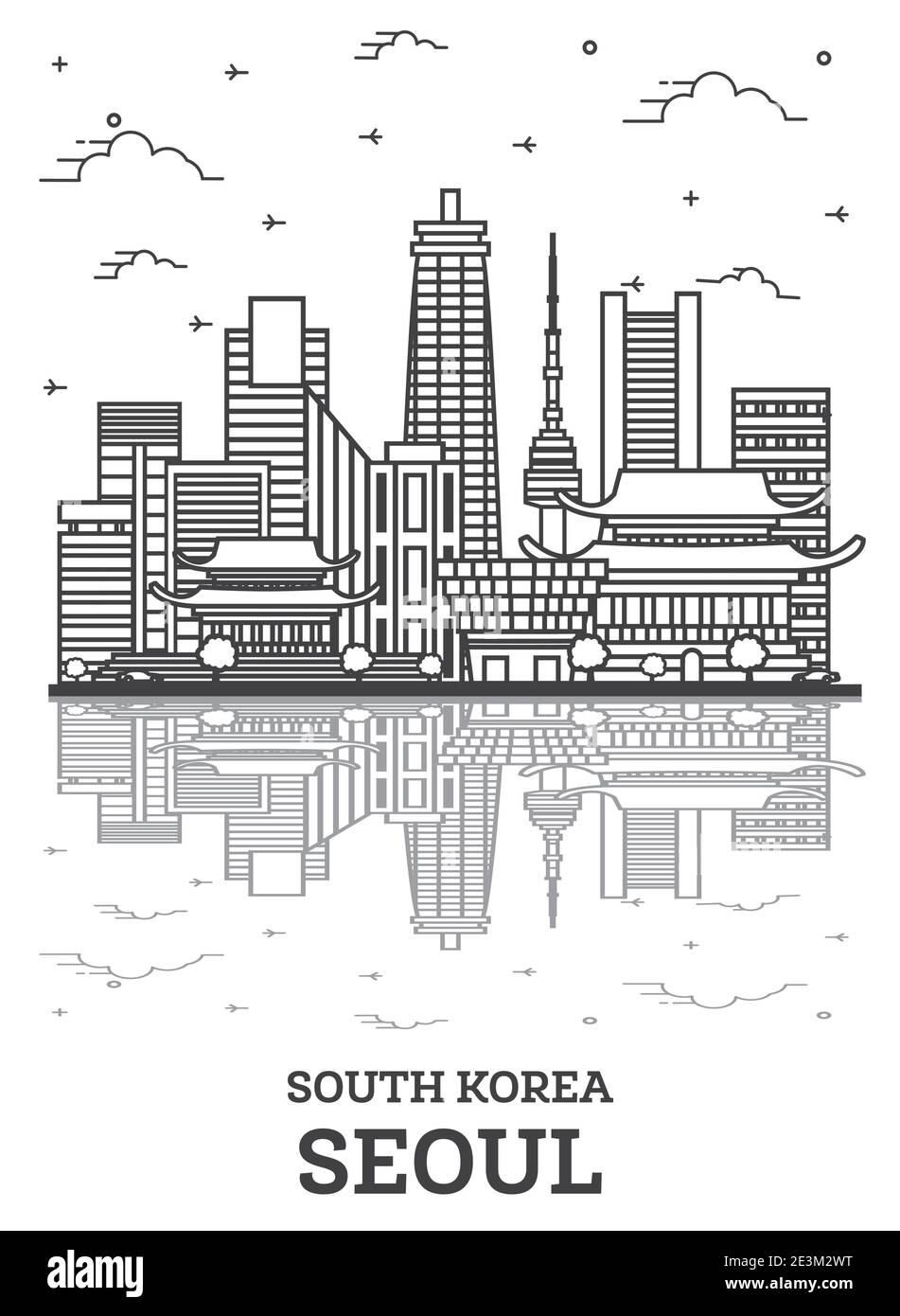 Delineare Seoul Corea del Sud dello skyline della città con edifici moderni e di riflessioni isolato su bianco. Illustrazione Vettoriale. Seul Cityscape con punti di riferimento. Illustrazione Vettoriale