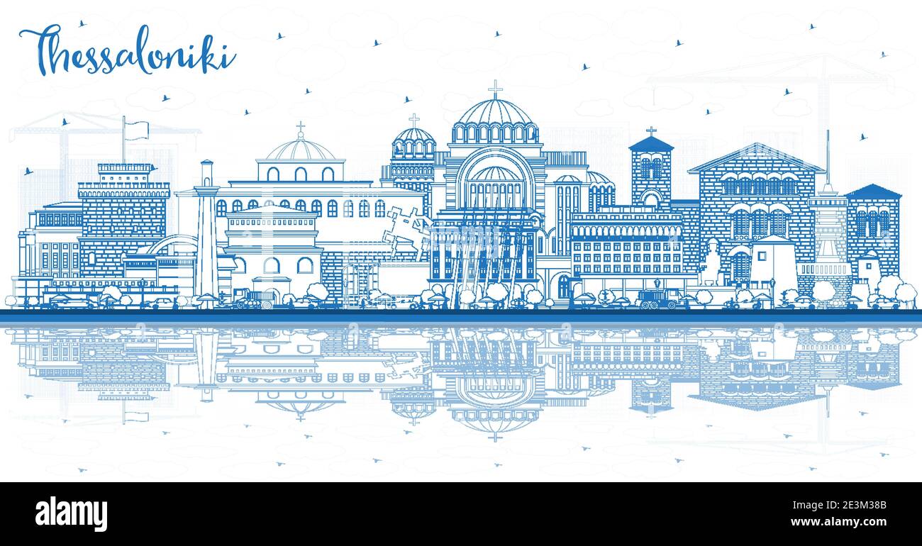 Profilo Thessaloniki Grecia skyline della città con edifici e riflessi blu. Illustrazione vettoriale. Concetto di turismo Illustrazione Vettoriale