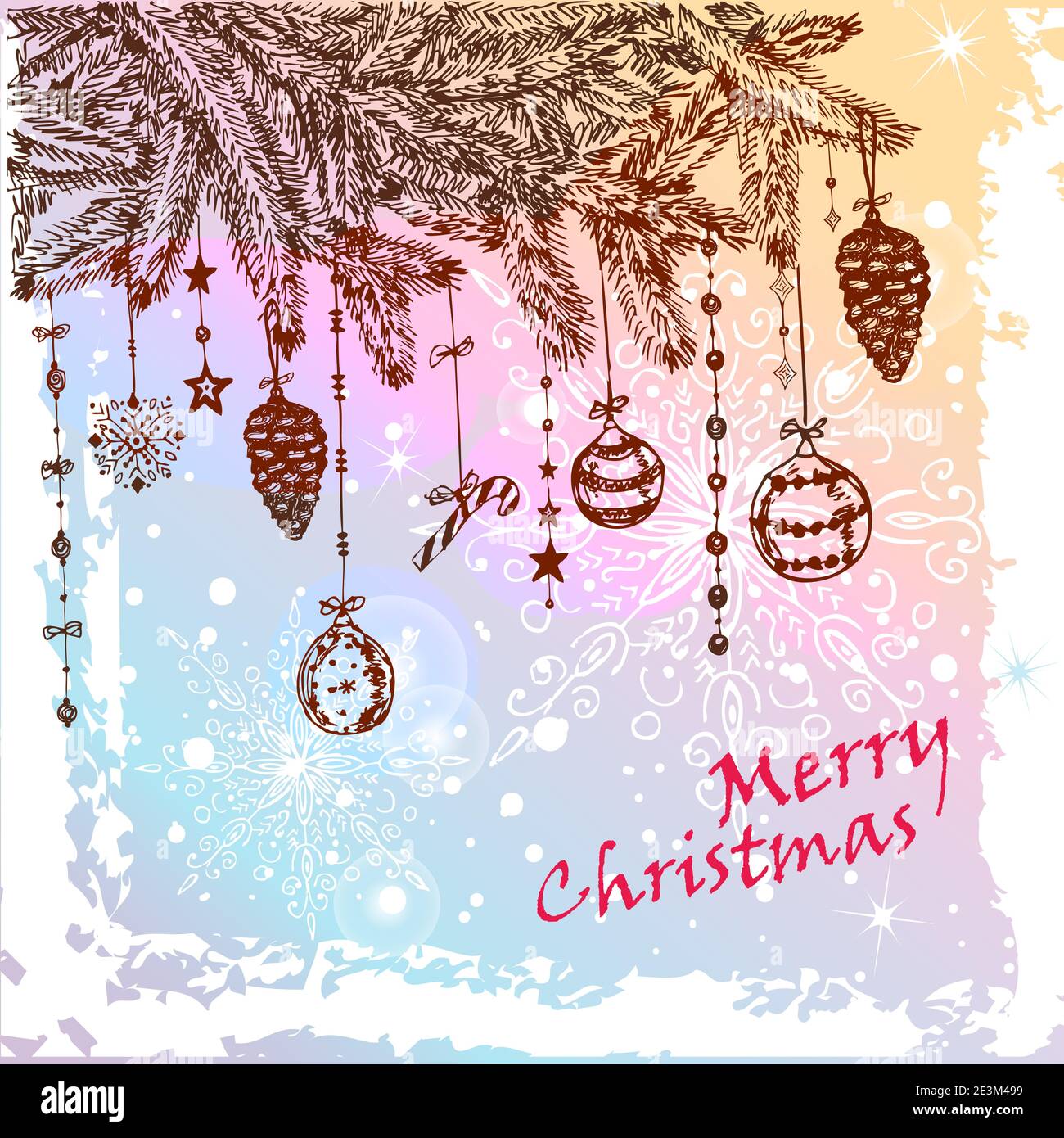 Albero in pelliccia di Natale disegnato a mano con palline, giocattoli e cono di Abete. EPS vettoriale 10. Tutti gli elementi sono in livelli separati e raggruppati, facili da modificare. Illustrazione Vettoriale