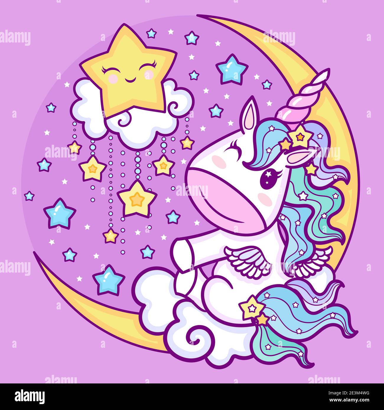 Un piccolo unicorno cartoon si siede sulla luna. Simpatico animale fantastico. Design per bambini. Vettore Illustrazione Vettoriale
