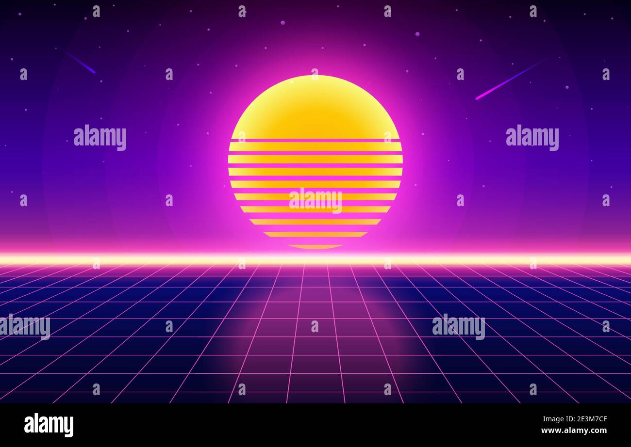 Paesaggio retrò futuristico degli anni '80. Sfondo. Illustrazione vettoriale Illustrazione Vettoriale