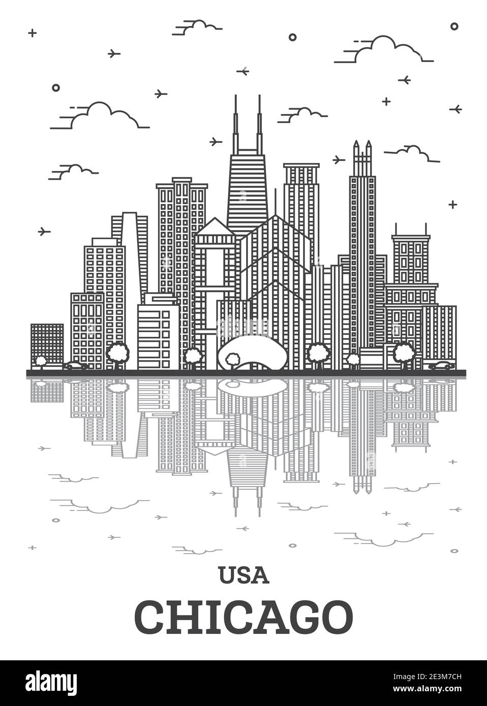 Profilo Chicago Illinois USA City Skyline con edifici moderni e riflessi isolati su bianco. Illustrazione vettoriale. Paesaggio urbano di Chicago Illustrazione Vettoriale