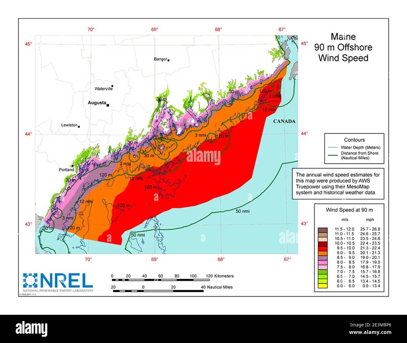 Maine Offshore 90 metri Wind Map e Wind Resource potenziale. Foto Stock