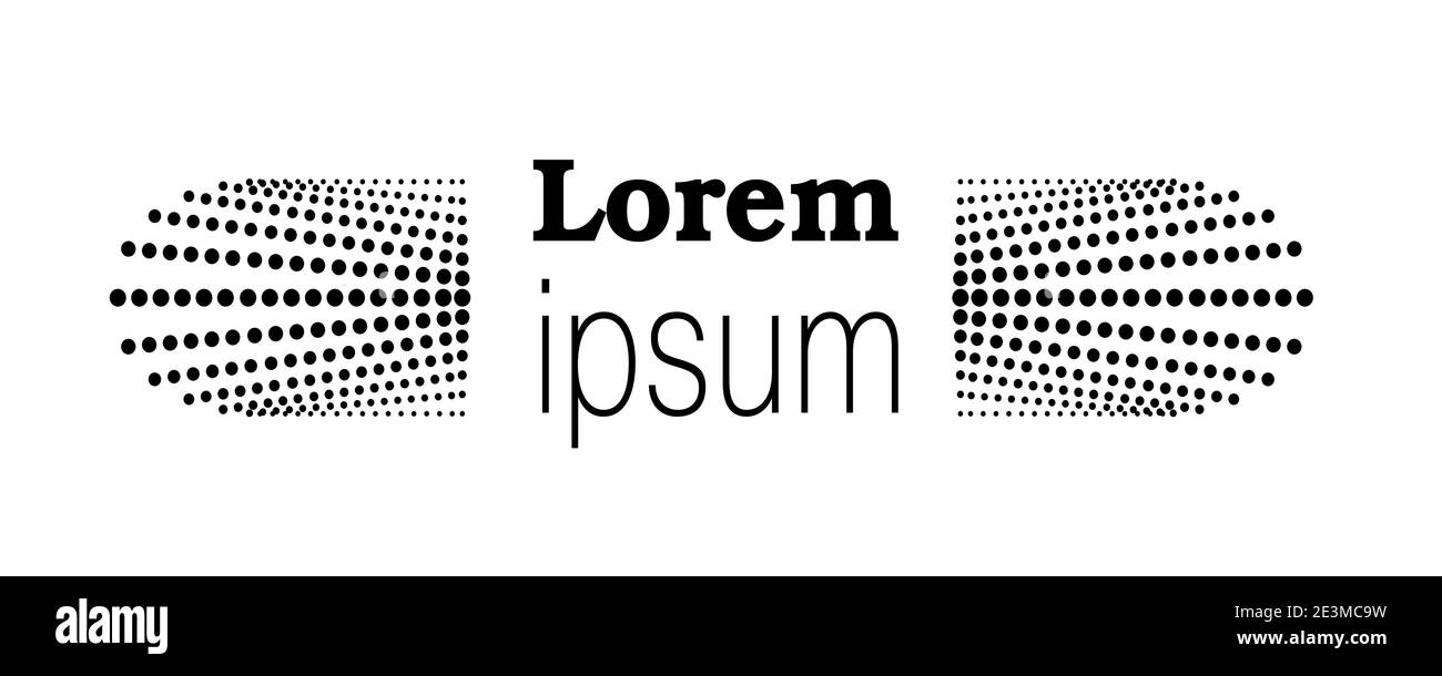 Design della testata. Modello monocromatico semplice per logo, simbolo, icona, segno. Testo e due motivi simmetrici punteggiati. Linee astratte punteggiate nere. Vettore Illustrazione Vettoriale