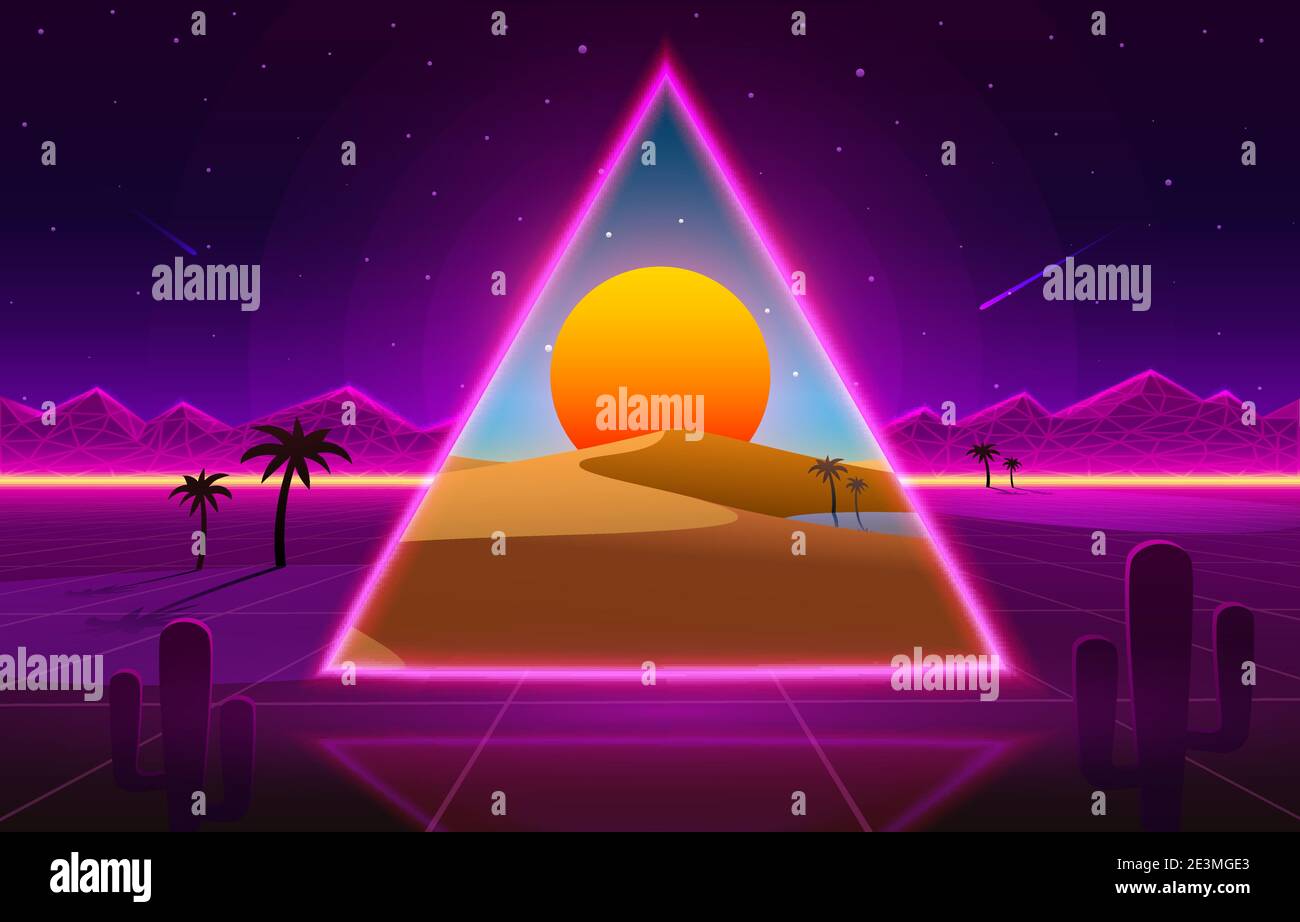Retro onda copertura al neon deserto con oasi e palme. Natura sfondo. Illustrazione vettoriale Illustrazione Vettoriale