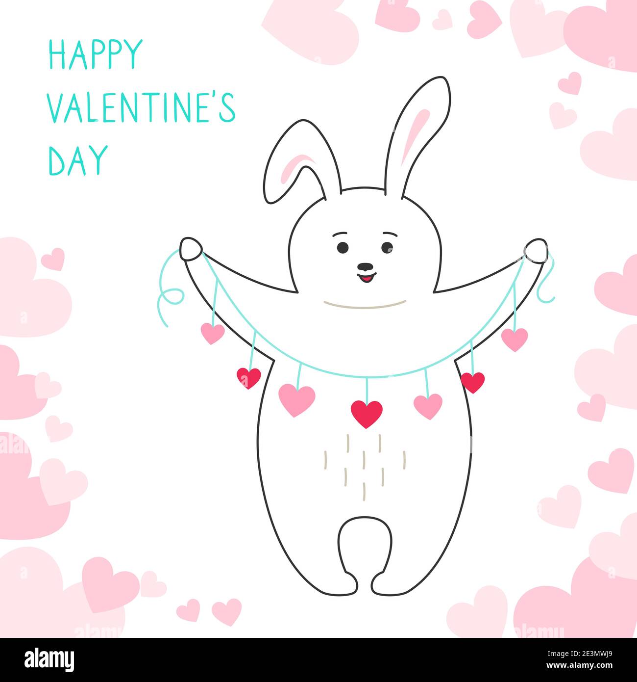 Felice giorno delle valentine biglietto di auguri, coniglio che tiene garland di cuori. Disegna stile fumetto. Banner romantico cute coniglio disegnato a mano. Disegno per la stampa, circa amore cuore illustrazione vettoriale Illustrazione Vettoriale