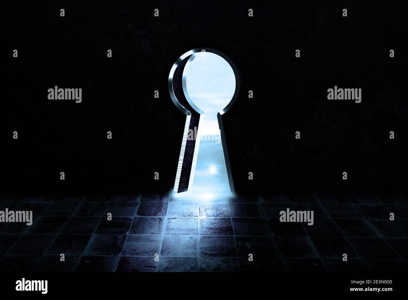 illustrazione di una stanza buia con keyhole come fonte di luce. visualizzazione 3d porta reale libertà astratta. chiave di successo, sogni e surreale Foto Stock