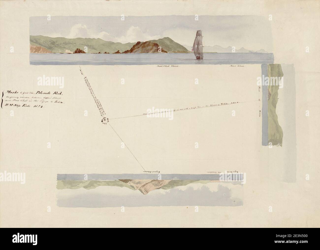 Marks to Find the Blond Rock pericolosamente situato tra Copper's Island e Dead Chest nel passaggio per Tortola, H.M. Ship Forte, 1824. Foto Stock