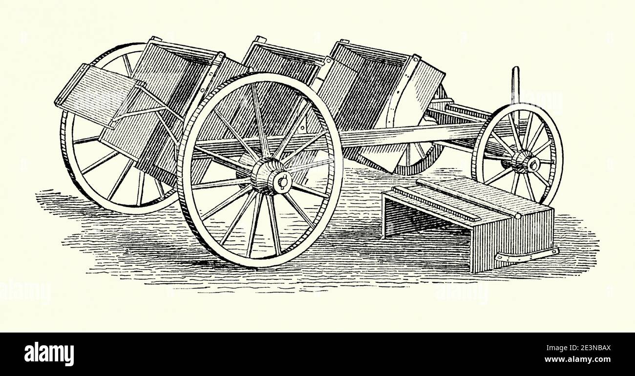 Una vecchia incisione del carro di dumping di Robinson. E 'da un libro di ingegneria meccanica vittoriana del 1880. Ogni sezione separata del carro con telaio in legno potrebbe essere inclinata individualmente per scaricare il carico. Ogni sezione può essere rimossa anche dal veicolo, come mostrato a destra. Warren Robinson di East Highgate, Vermont, USA brevettò il suo carro nel 1867. Foto Stock