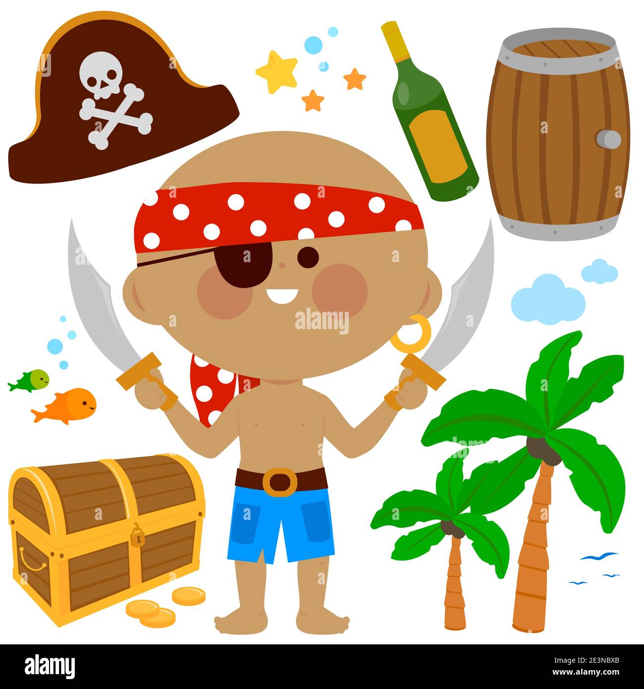 Insieme di un capitano pirata con una spada e altre illustrazioni pirata. Foto Stock