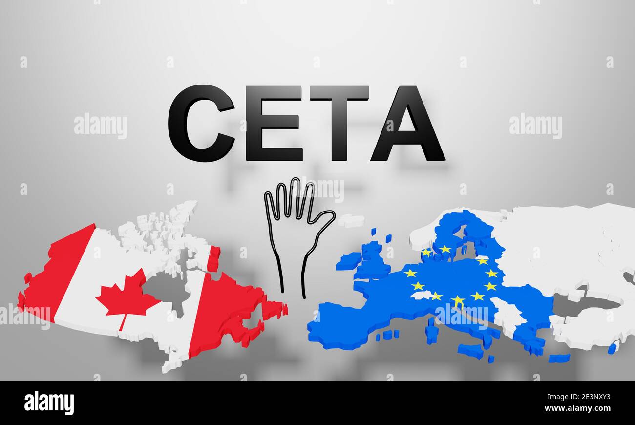 Rendering 3d di una bandiera del Canada e dell'Europa, come modello 3d, mostrato come contorno del paese Foto Stock