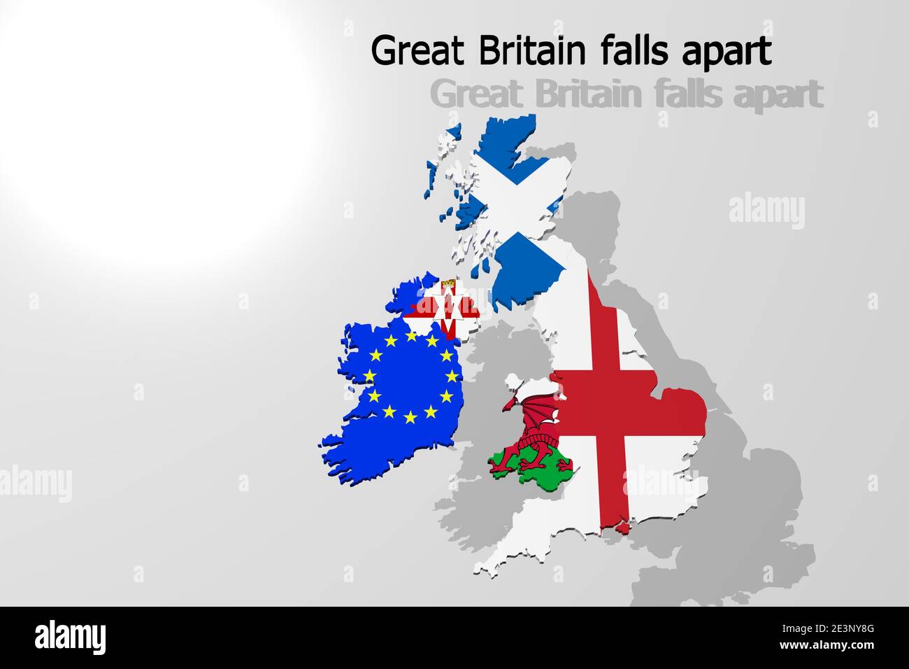 Rappresentazione 3d di una bandiera della Gran Bretagna e dell'Europa, come modello 3d, mostrato come contorno del paese Foto Stock