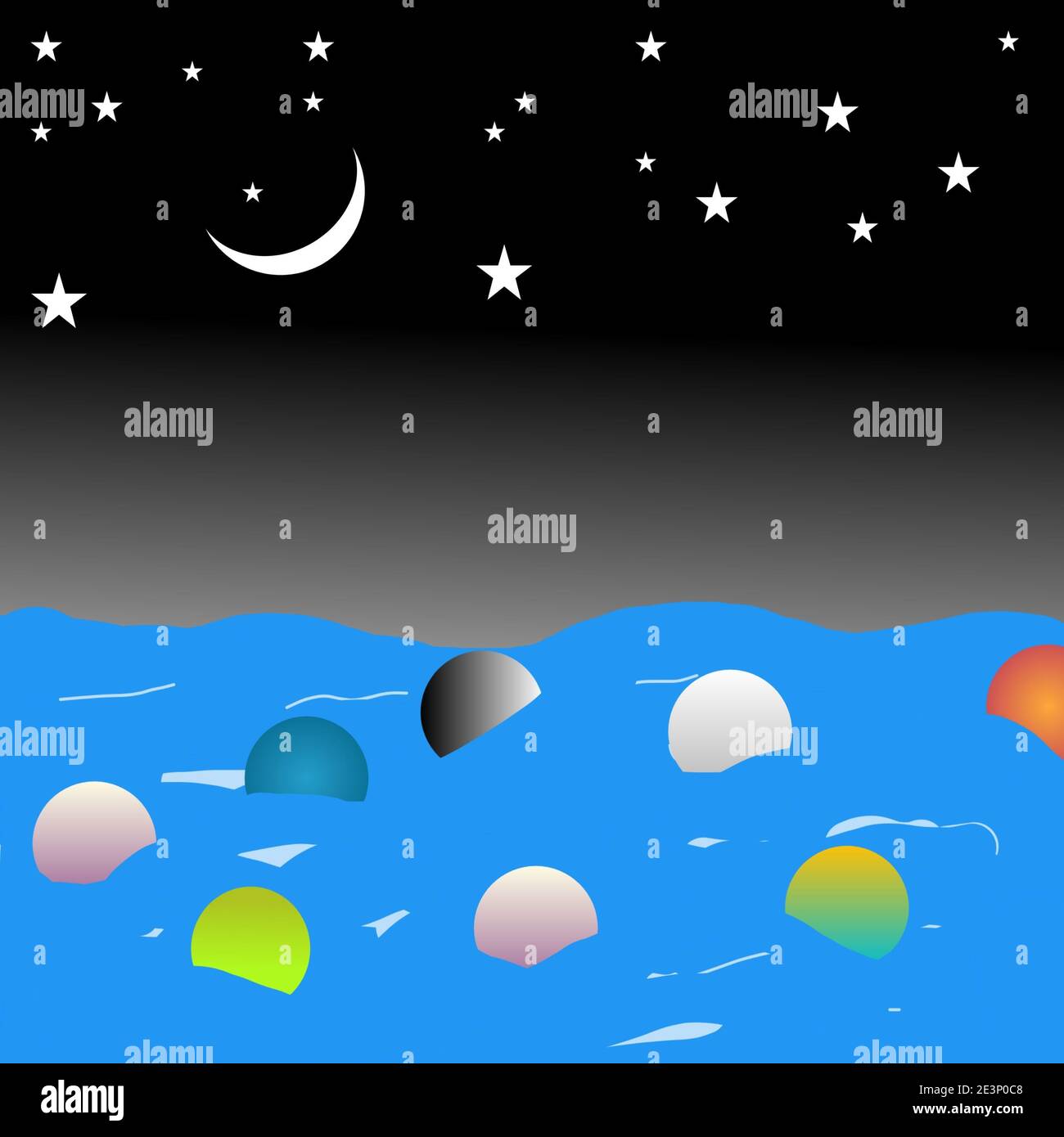 Una bella arte digitale del cielo notturno con stelle e. luna con onde di mare Foto Stock