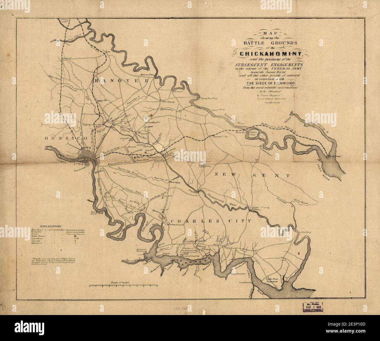 Mappa che mostra i campi di battaglia del Chickahominy, e le posizioni dei successivi impegni nel ritiro dell'esercito federale verso James River e tutti gli altri punti di interesse Foto Stock