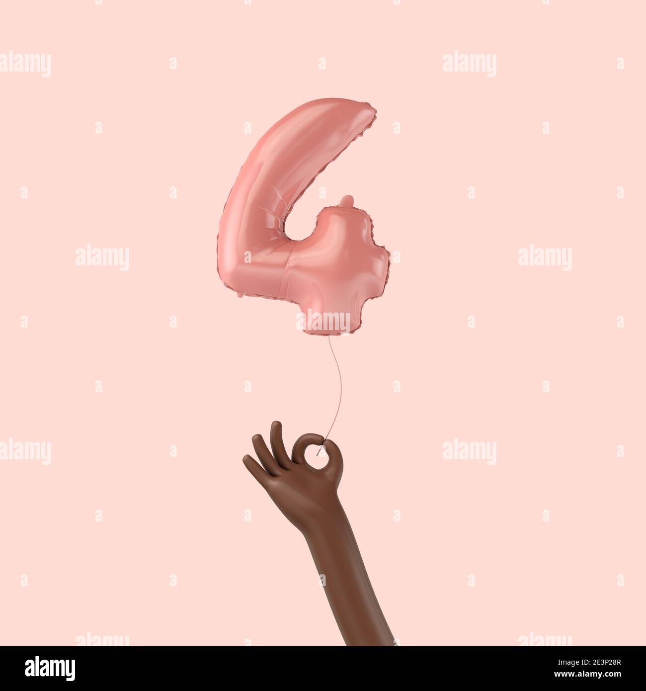 Mano che tiene un pallone di festa di 4 ° compleanno in lamina rosa. Rendering 3D Foto Stock