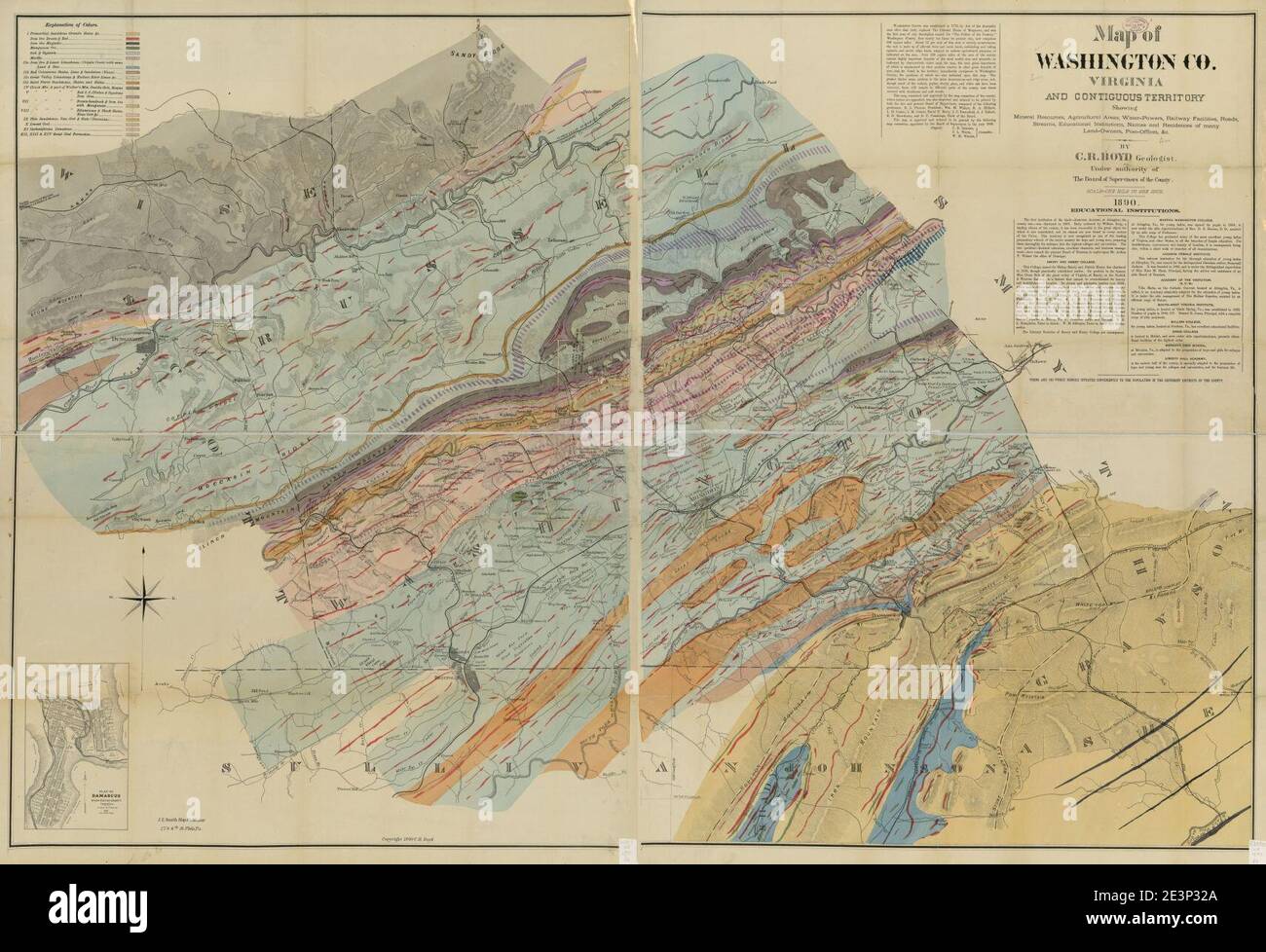 Mappa di Washington Co., Virginia e territorio contiguo - che mostra risorse minerarie, aree agricole, acqua-potenze, strutture ferroviarie, strade, corsi d'acqua, istituzioni educative, nomi e. Foto Stock