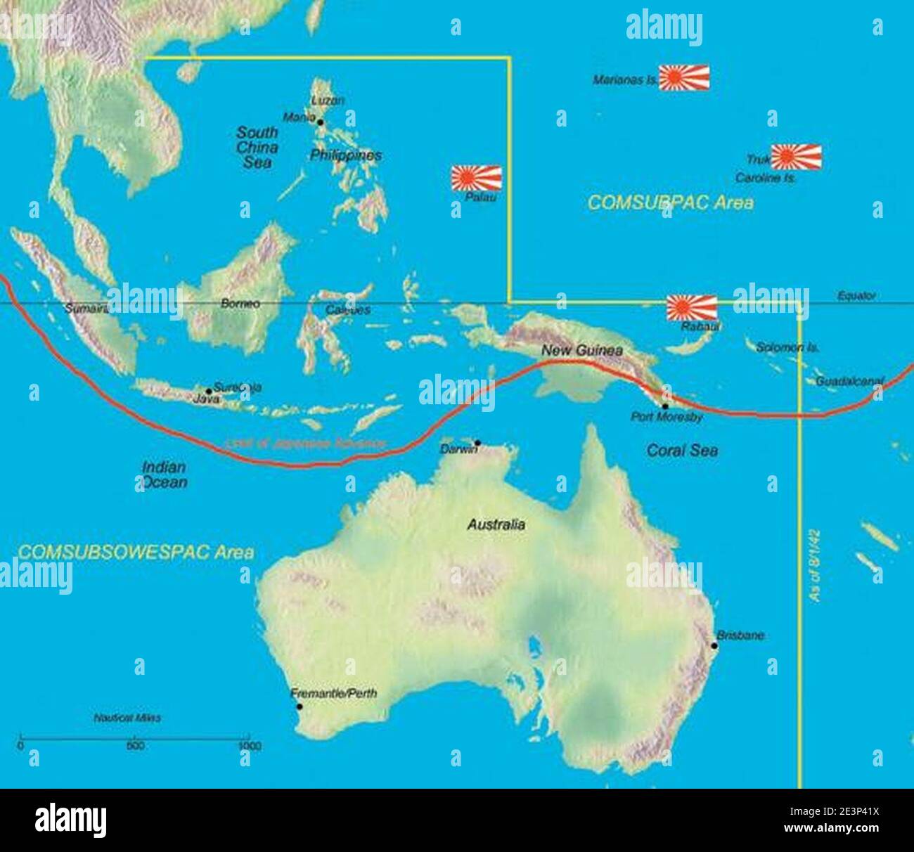 Mappa degli Stati Uniti Submarines Forces Southwest Pacific Operating area seconda Guerra Mondiale circa 1943. Foto Stock