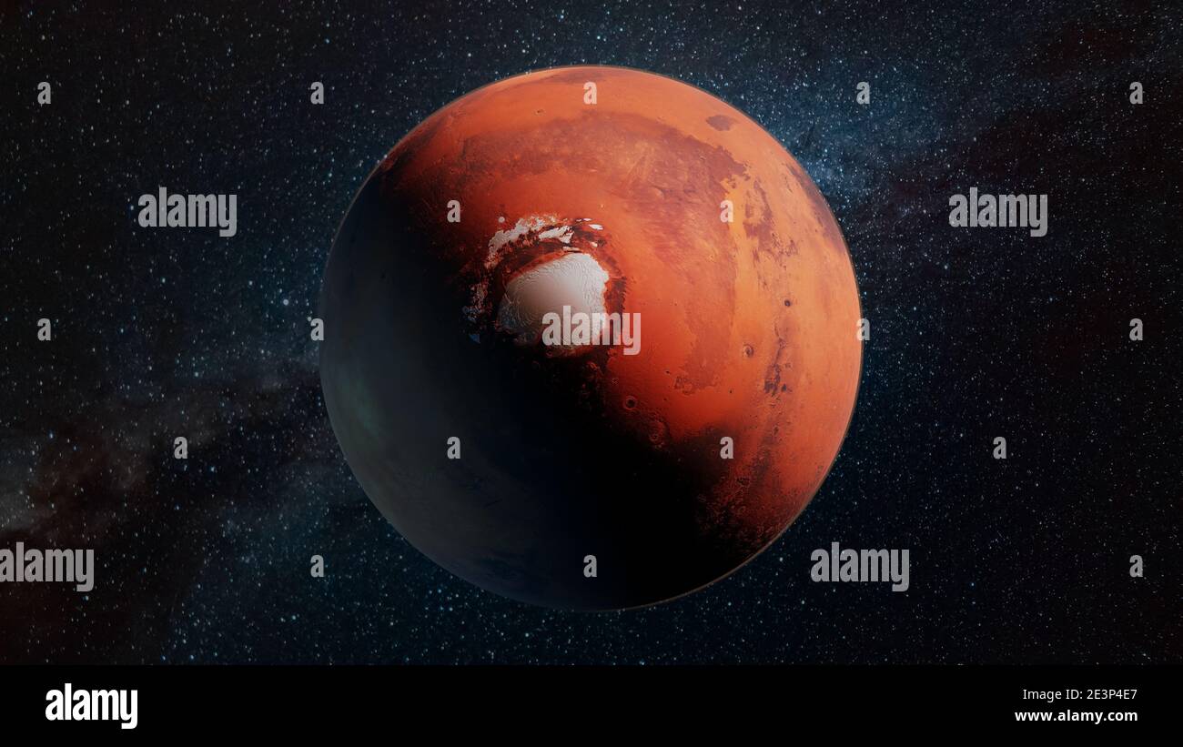 Marte, il pianeta rosso, con caratteristiche di superficie dettagliate, con atmosfera, e sfondo spaziale, alta risoluzione Foto Stock