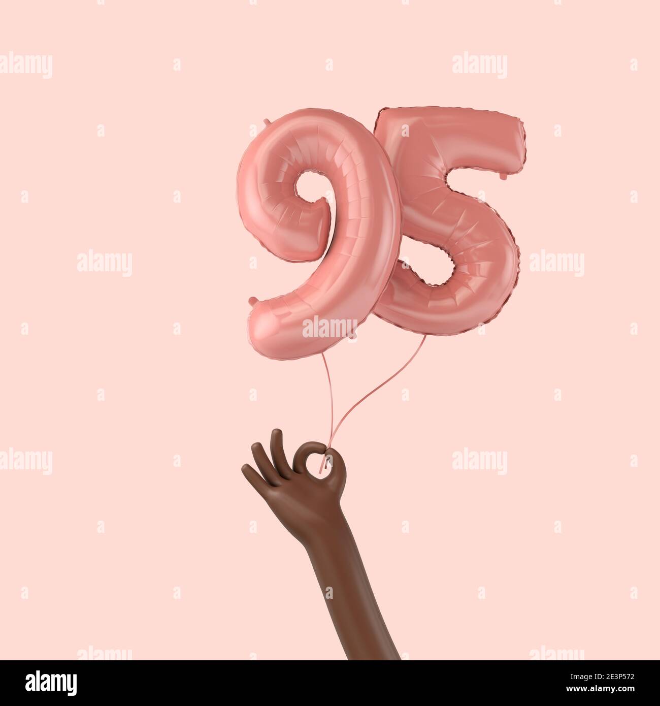 Mano che tiene un pallone di festa di festa di foglio rosa di compleanno 95. Rendering 3D Foto Stock