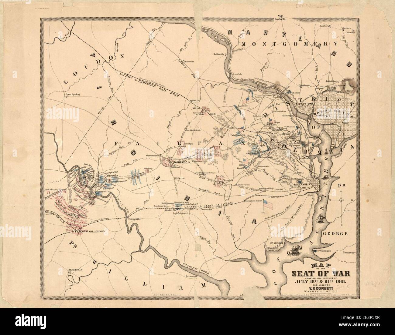 Mappa della sede di guerra che mostra le battaglie di 18 e 21 luglio 1861 Foto Stock