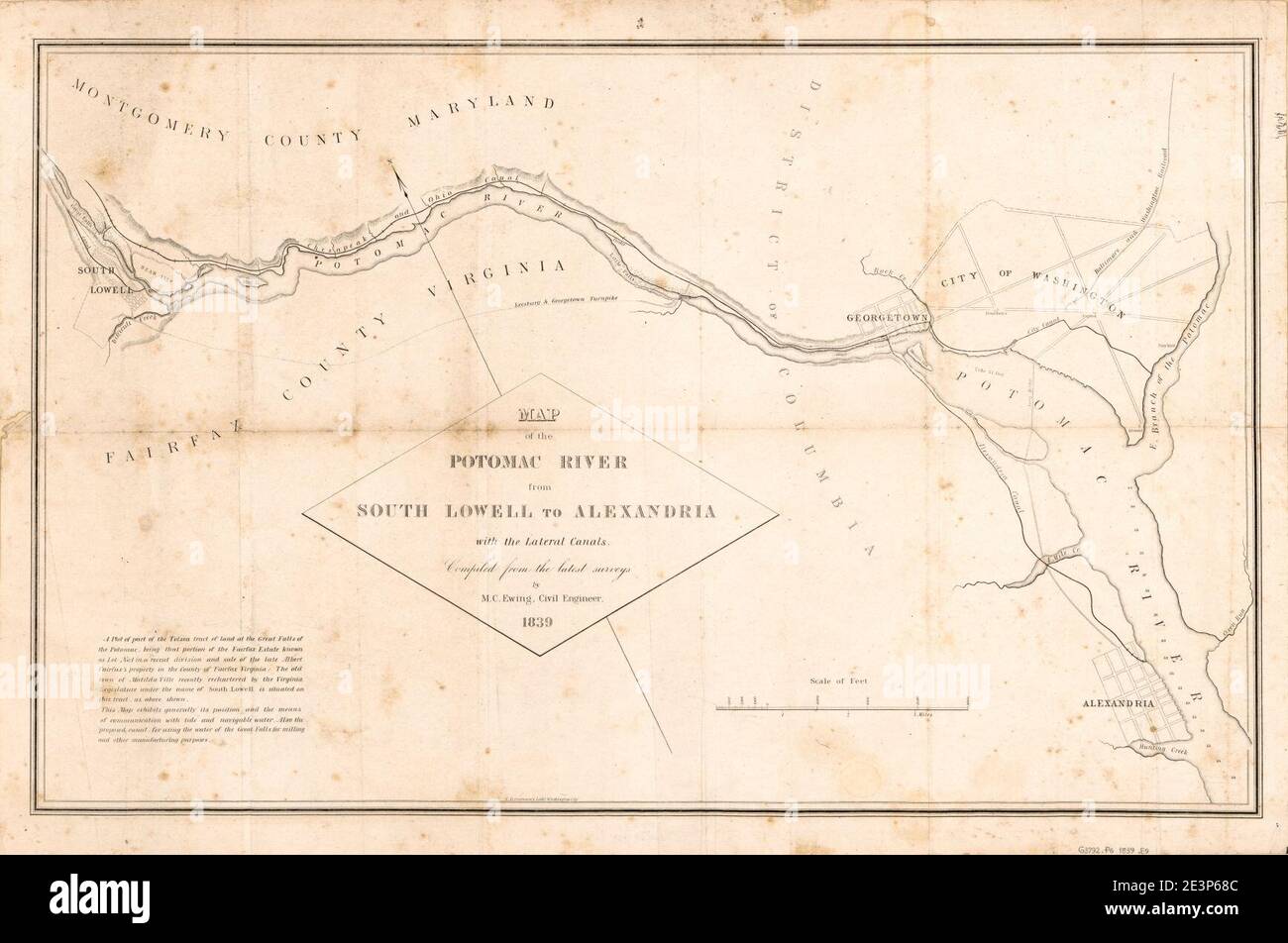 Mappa del fiume Potomac da Lowell Sud ad Alessandria con i canali laterali Foto Stock